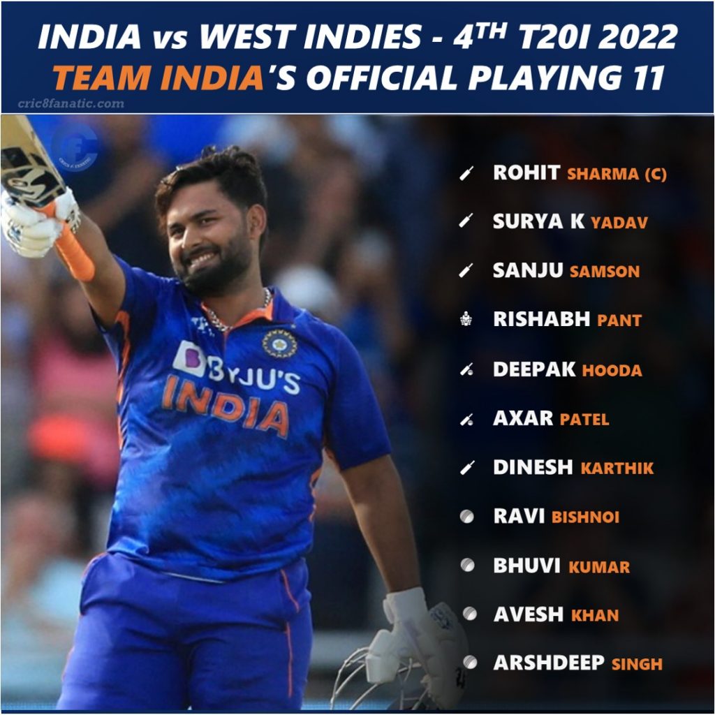 India vs WI 2022 4th T20 Official Playing 11 for Both Teams